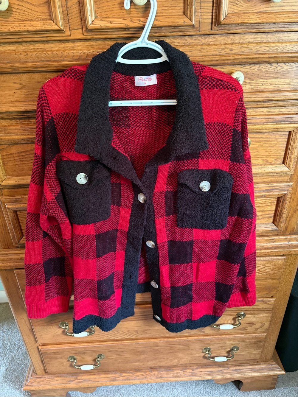 Pink Lily Red & Black Buffalo Plaid Teddy Shacket